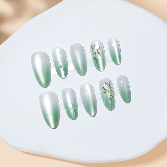 Serene Garden Long Almond Green Ombre Press On Nail Set with Delicate Floral Design