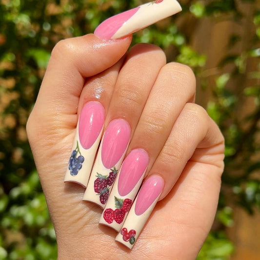 Summer Berry Bliss Long Square Pink Press On Nail Set with Fruit Accents