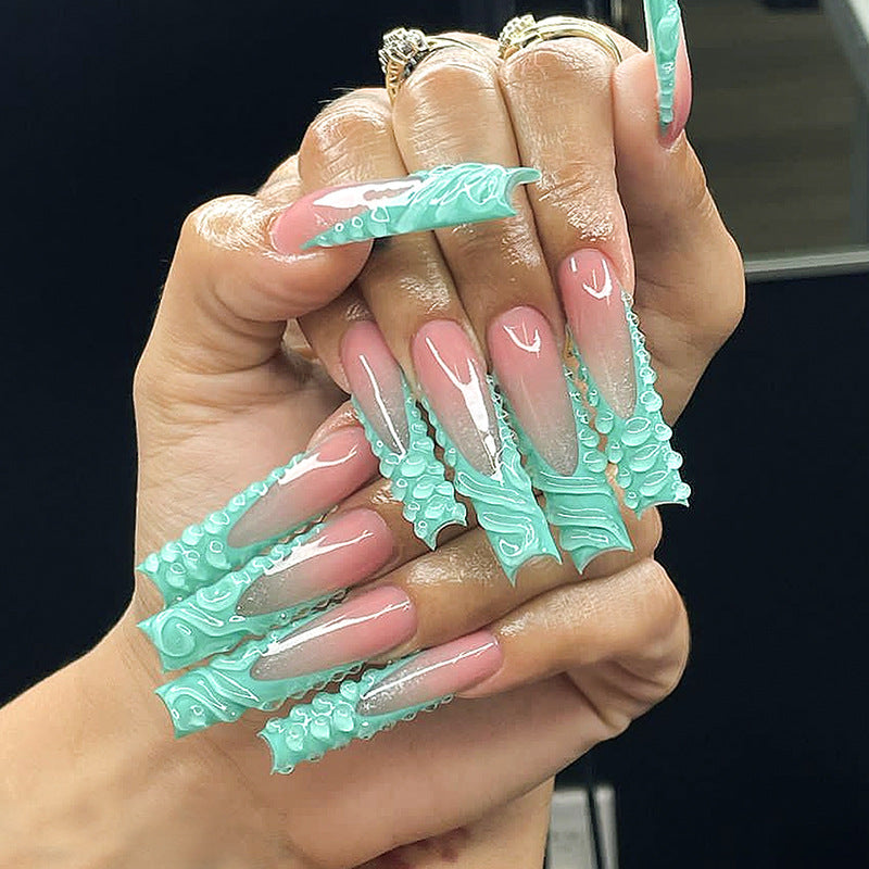 Underwater Fantasy Long Square Mint Green Press On Nail Set with 3D Textured Design