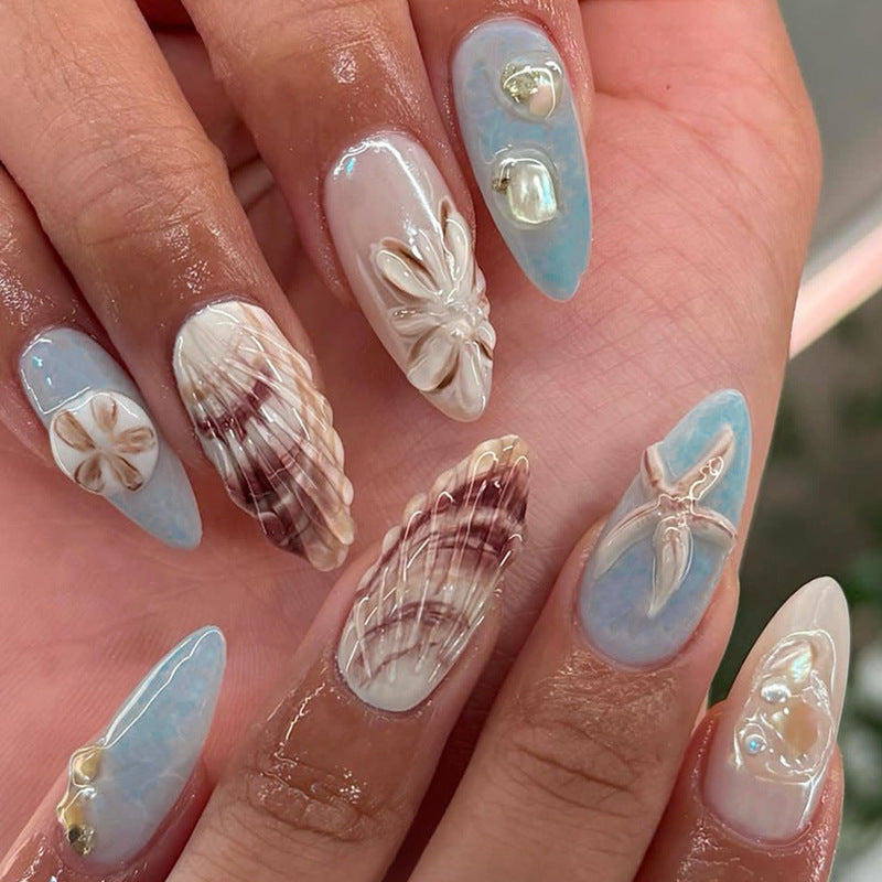 Ocean Breeze Long Almond Blue and Beige Press On Nail Set with Seashell Art and Pearl Accents