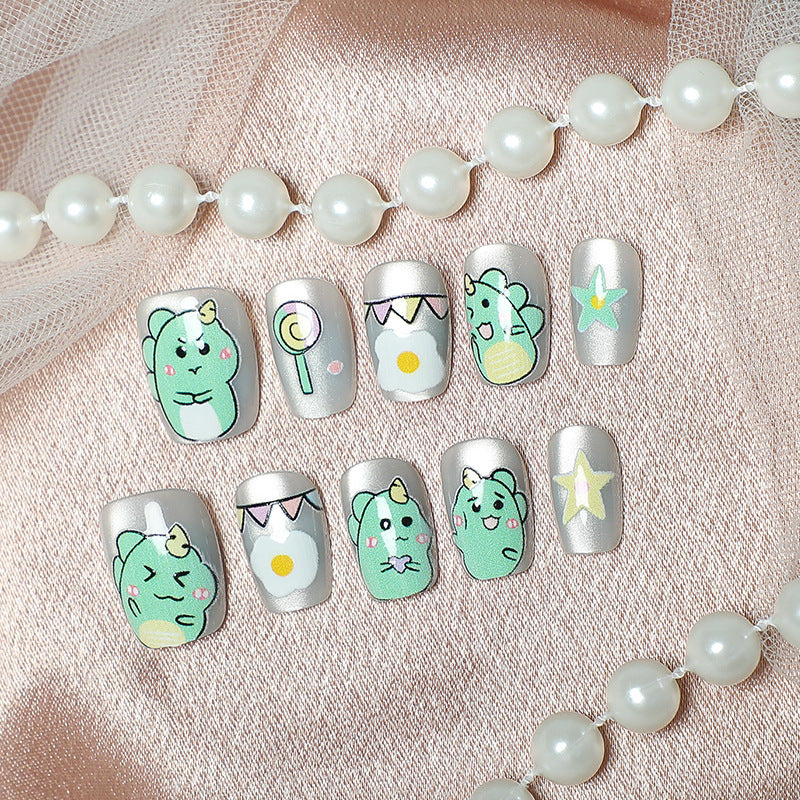 Cute Cartoon Garden Press On Nail Set Medium Square Mint Green with Whimsical Characters and Sparkling Designs