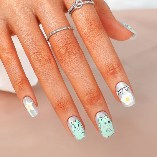 Whimsical Garden Medium Square Mint Green Press On Nail Set with Cute Character Designs