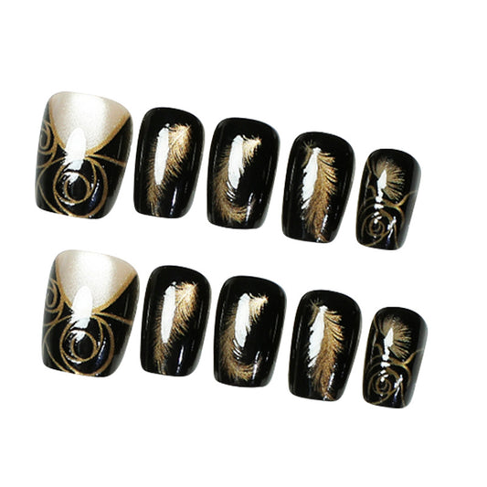 Elegant Enchantment Square Medium Black and Gold Feather Design Press On Nail Set