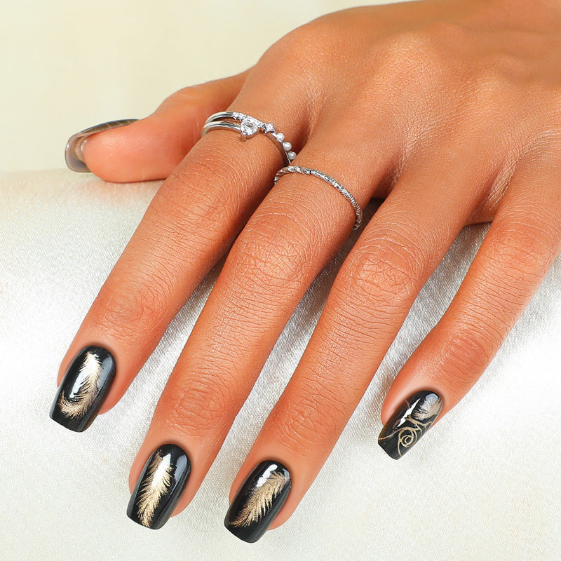 Glamorous Night Out Medium Square Black Press On Nail Set with Gold Leaf Accents