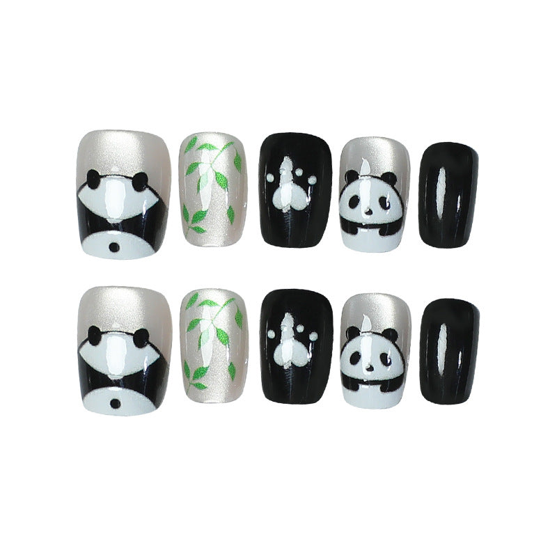 Panda Paradise Medium Square Black and Silver Press On Nail Set with Bamboo Design and Character Art