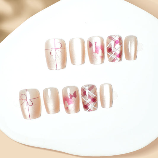 Charming Pastel Square Press On Medium Nail Set Blush Pink With Elegant Bow and Plaid Design