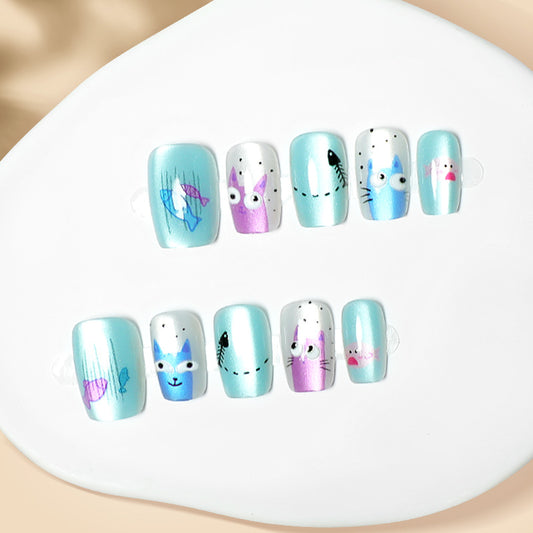 Underwater Adventure Press On Medium Nail Set Square Shape Light Blue and Purple with Cute Animal Designs