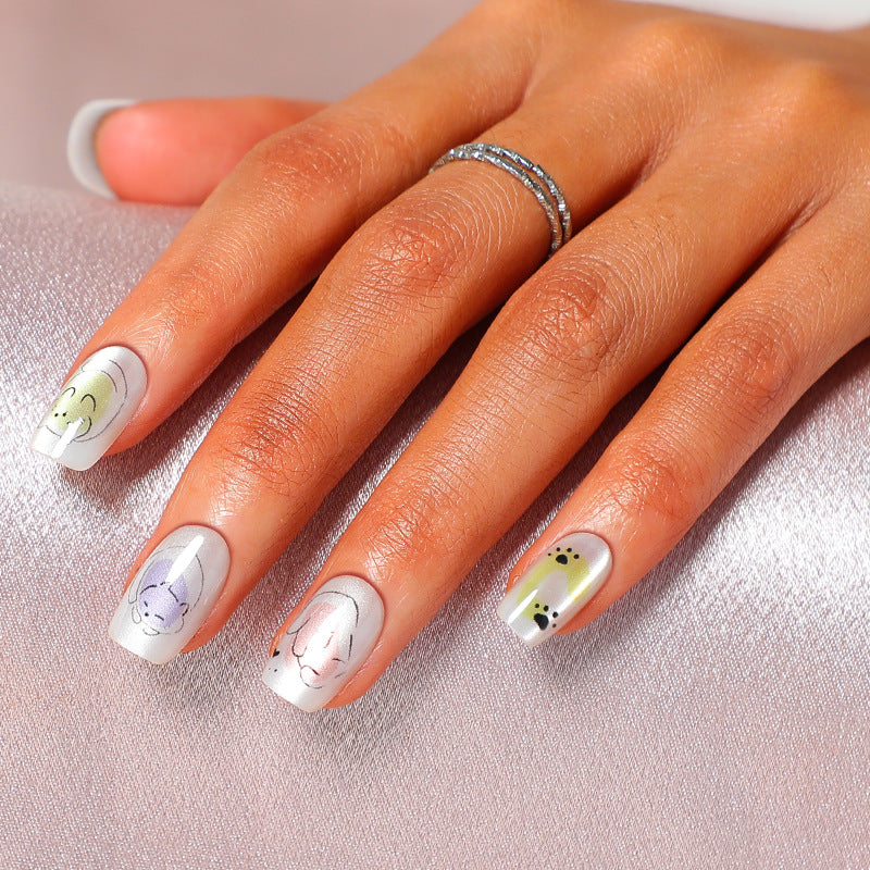 Whimsical Wonderland Medium Square Shaped Silver Ombre Press On Nail Set with Unique Animal Illustrations