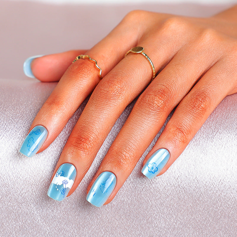 Serene Ocean Vibes Medium Square Blue Press On Nail Set with Floral Design and Glossy Finish