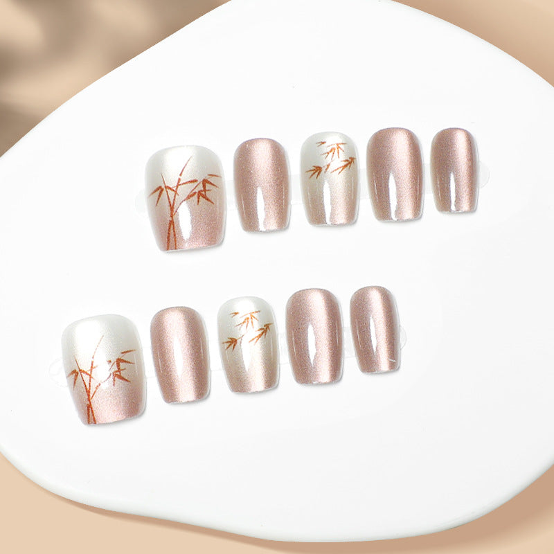 Zen Garden Inspired Press On Nail Set Medium Square and Shimmering Rose Gold and Elegant White with Bamboo Design