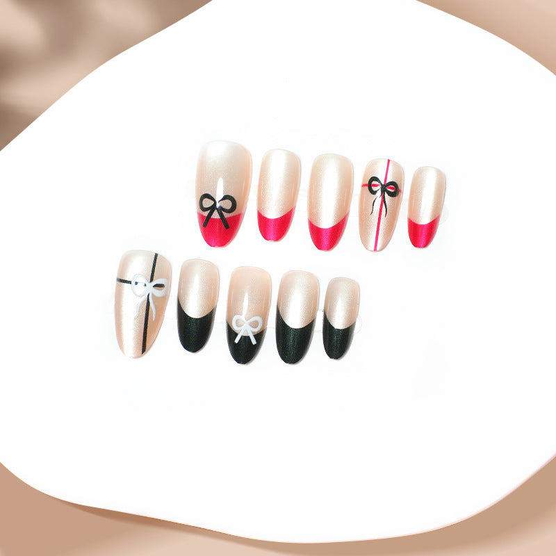 Chic Bowtique Long Almond Press On Nail Set in Soft Pink Red and Black with Adorable Bow Designs