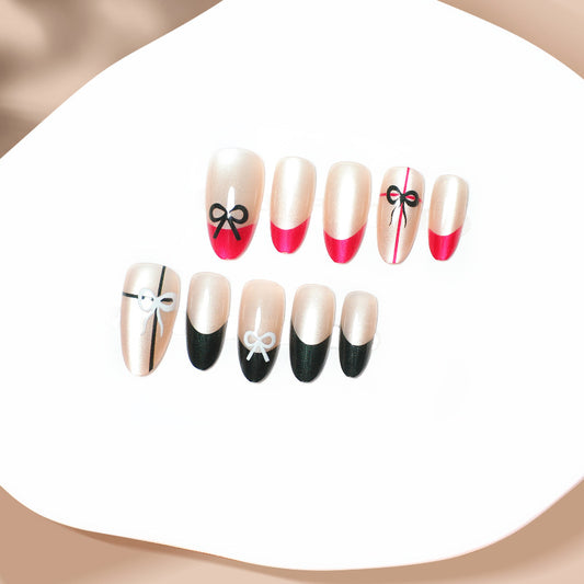 Chic Bowtique Long Almond Press On Nail Set in Soft Pink Red and Black with Adorable Bow Designs