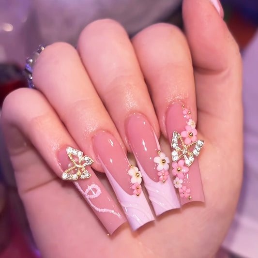 Whimsical Butterfly Blossom Long Square Pink Press On Nail Set with Floral and Rhinestone Accents