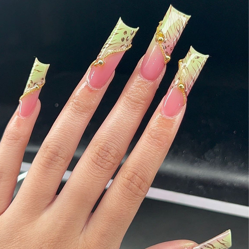 Tropical Paradise Long Duck Green Marble Press On Nail Set with Gold Accents and Pink Base