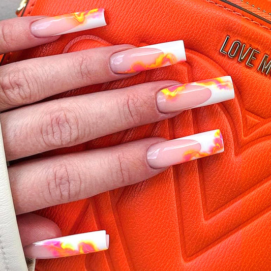 Vibrant Sunset Dream Long Square Peach and White Press On Nail Set with Colorful Marble Art Design