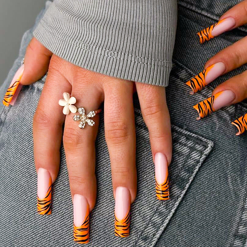 Wild Safari Inspired Extra Long Square Tiger Striped Press On Nail Set with Elegant Floral Accents