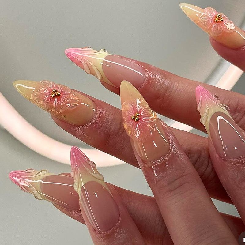 Floral Fantasy Long Stiletto Press On Nail Set Beige Pink Ombre with 3D Flower Accent