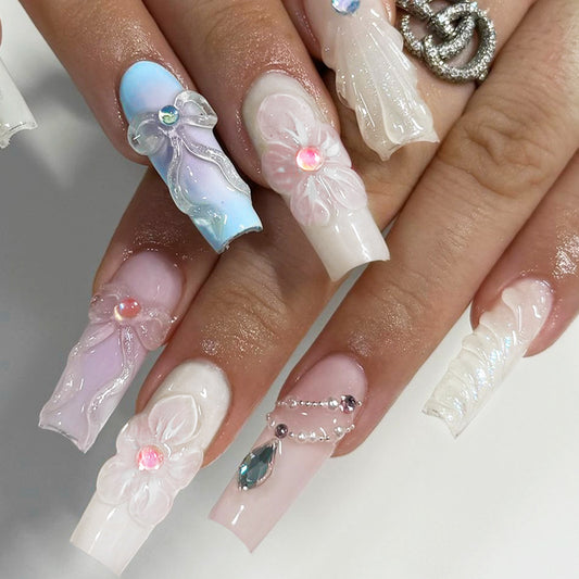 Elegant Floral Dream Long Square Shaped Ombre Press On Nail Set with 3D Petal Art and Gemstone Accents