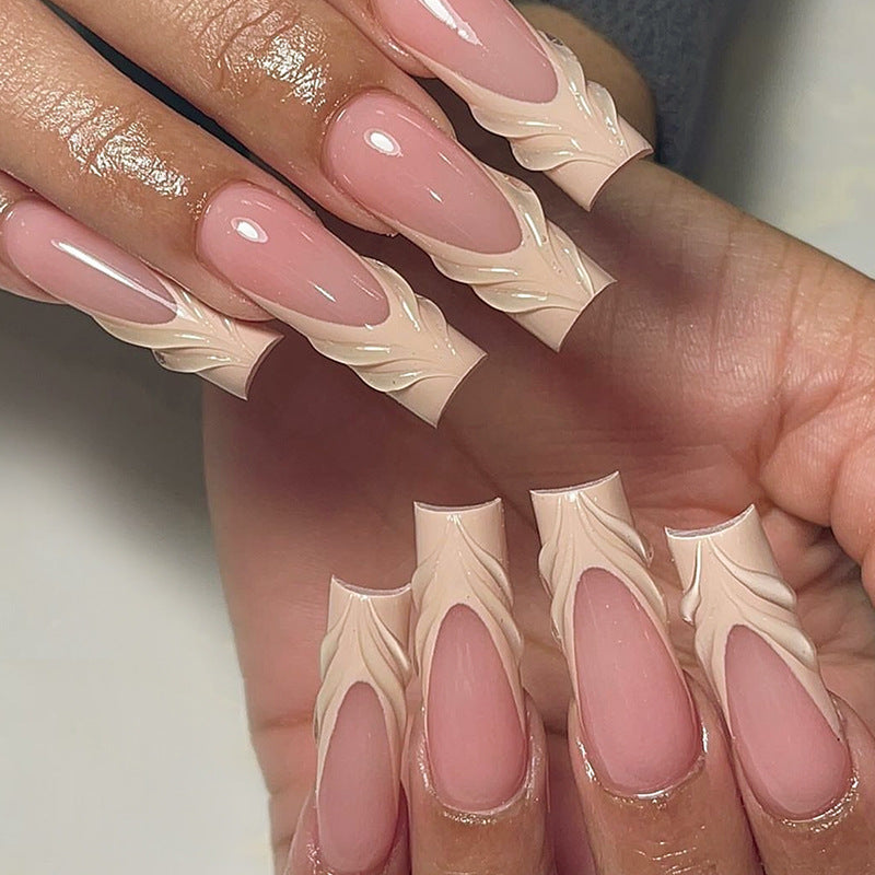 Vintage Elegance Long Square Shape Beige Pink Press On Nails with Cream Sculpted Leaf Accents