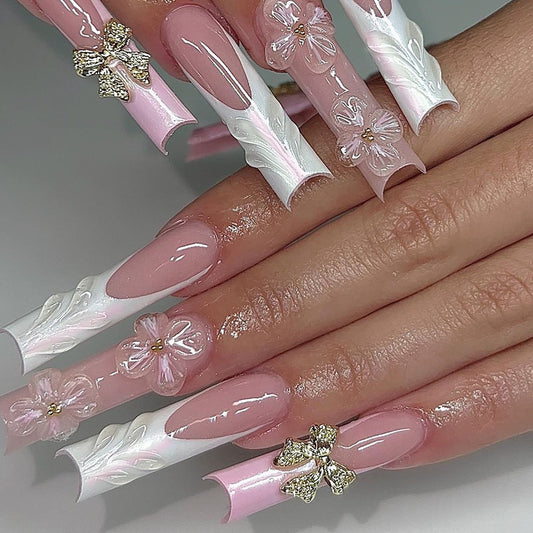 Chic Floral Elegance Long Square Press On Nail Set Pink and White with 3D Flower and Gem Accents