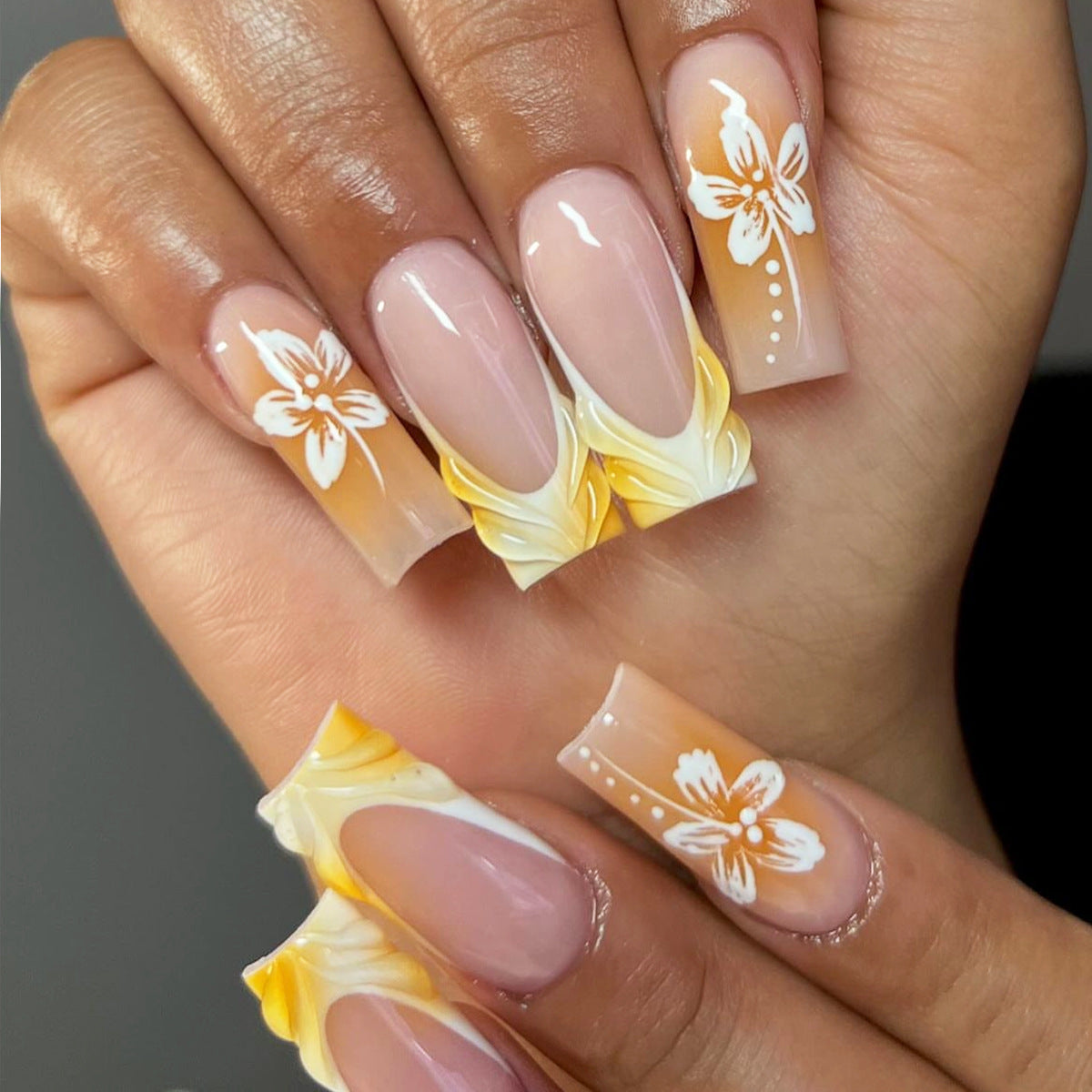 Tropical Paradise Long Square Orange Ombre Press On Nail Set with Floral Accents