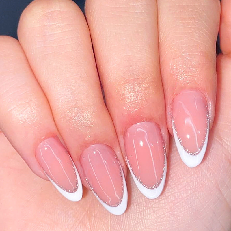 Glamorous Elegance Long Almond Pink and White Press On Nail Set with Sparkling Tips