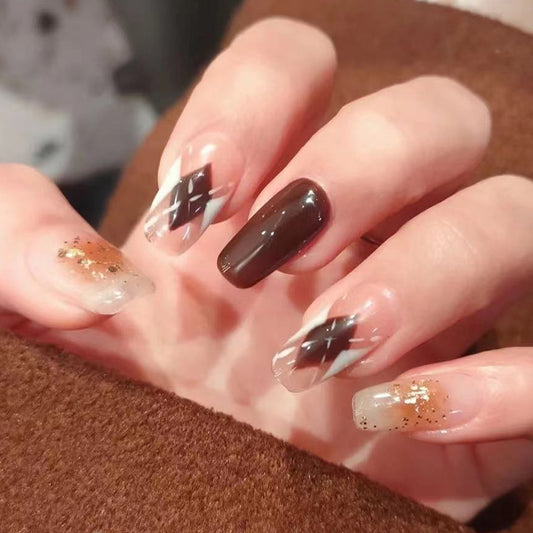 Starry Night Long Coffin Brown and Clear Press On Nails with Glitter Accents and Star Design