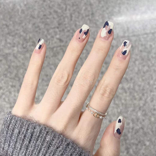 Urban Chic Long Length Square Shape Abstract Art Beige and Navy Blue Press On Nail Set