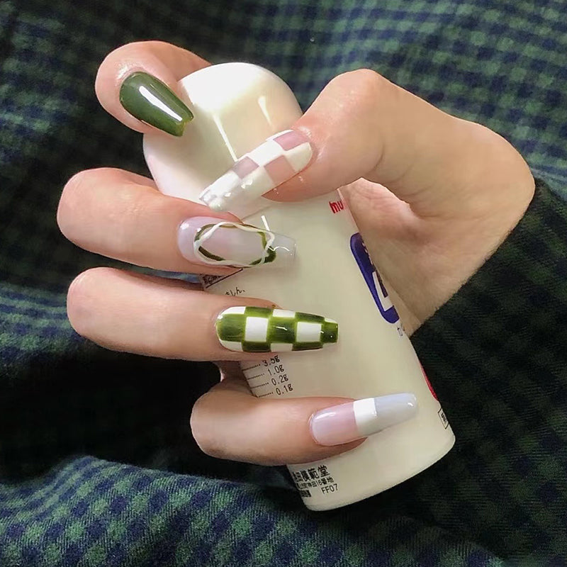 Enchanted Garden Long Coffin Olive Green and White Press On Nails with Intricate Floral Art Design