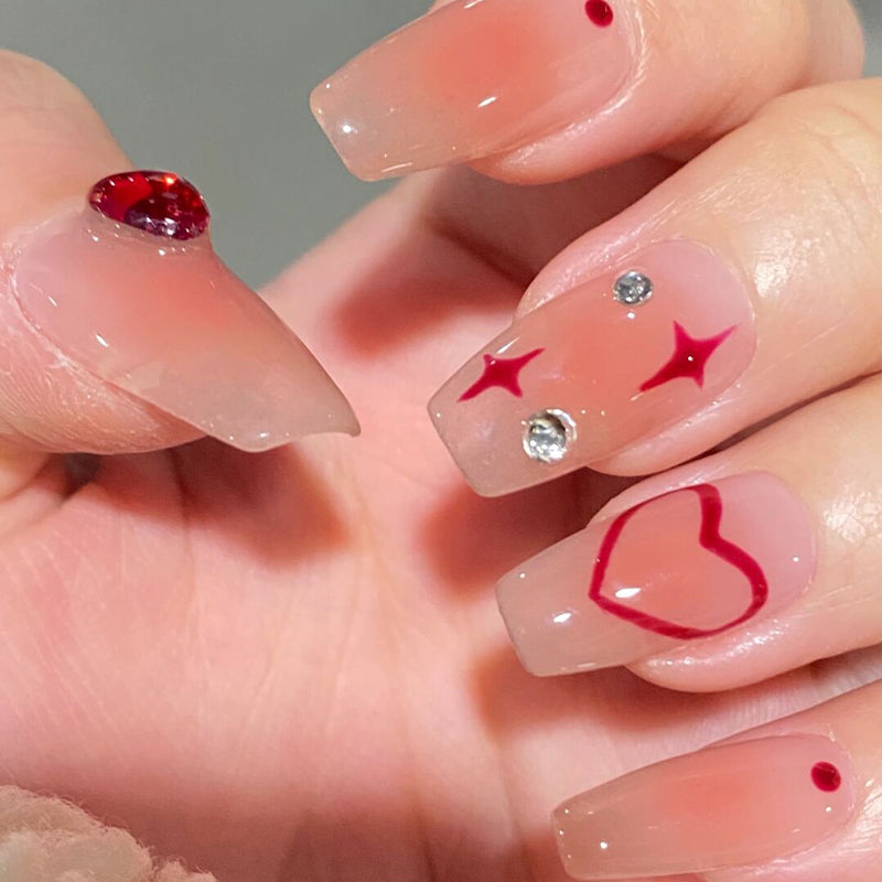 Valentine's Day Romance Long Coffin Pink Press On Nail Set with Rhinestone Embellishments and Heart Accents