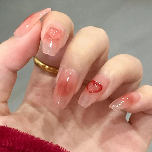 Valentine's Romance Extra Long Coffin Peach Press On Nail Set with Heart Accents