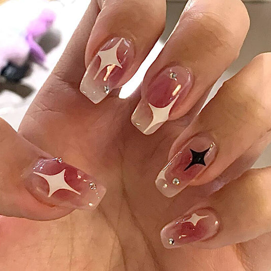 Starry Elegance Long Square Clear Pink Press On Nails with Star Accents and Rhinestones