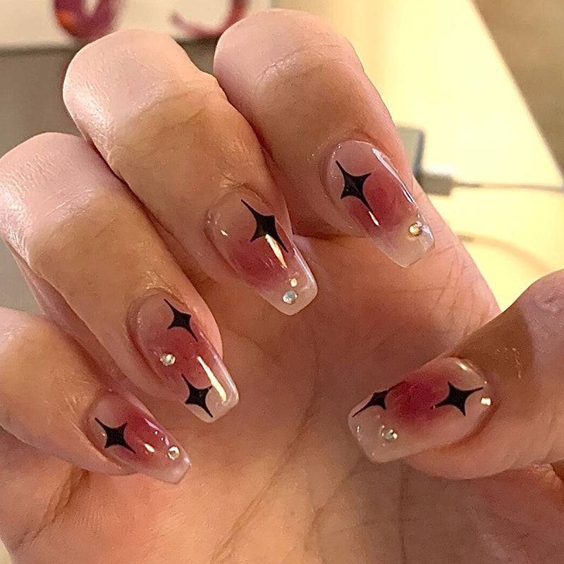 Starry Night Long Length Coffin Clear Pink Press On Nail Set with Star Design and Rhinestone Accents