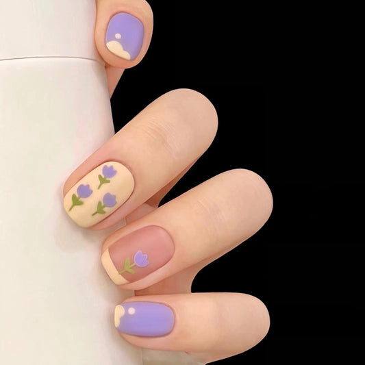 Spring Blossom Collection Medium Square Pastel Purple and beige Floral Accent Press On Nail Set