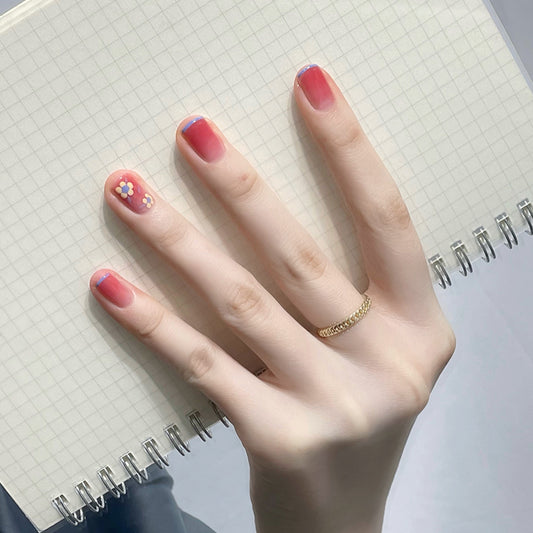 Springtime Blossom Short Length Square Pink Gradient Press On Nail Set with Floral Accent Design