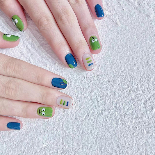 Whimsical Alien Encounter Short Oval Press On Nail Set, Green and Blue with Quirky Eye Design