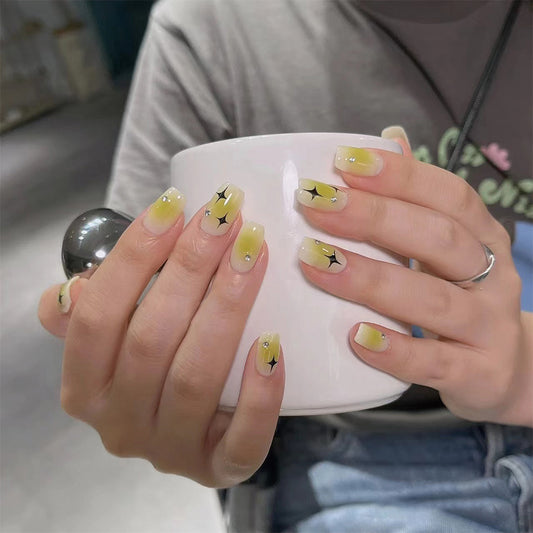 Starry Night Collection Long Length Square Yellow Press On Nails with Black Star Accents