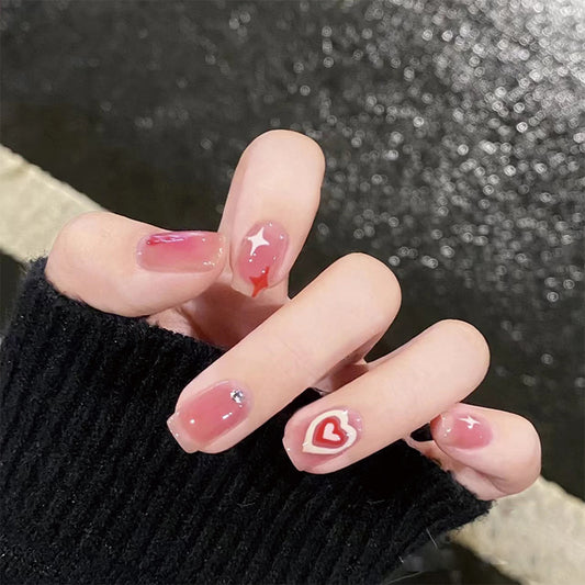 Valentine's Romance Medium Square Pink Press On Nail Set with Rhinestone Accents and Heart Designs