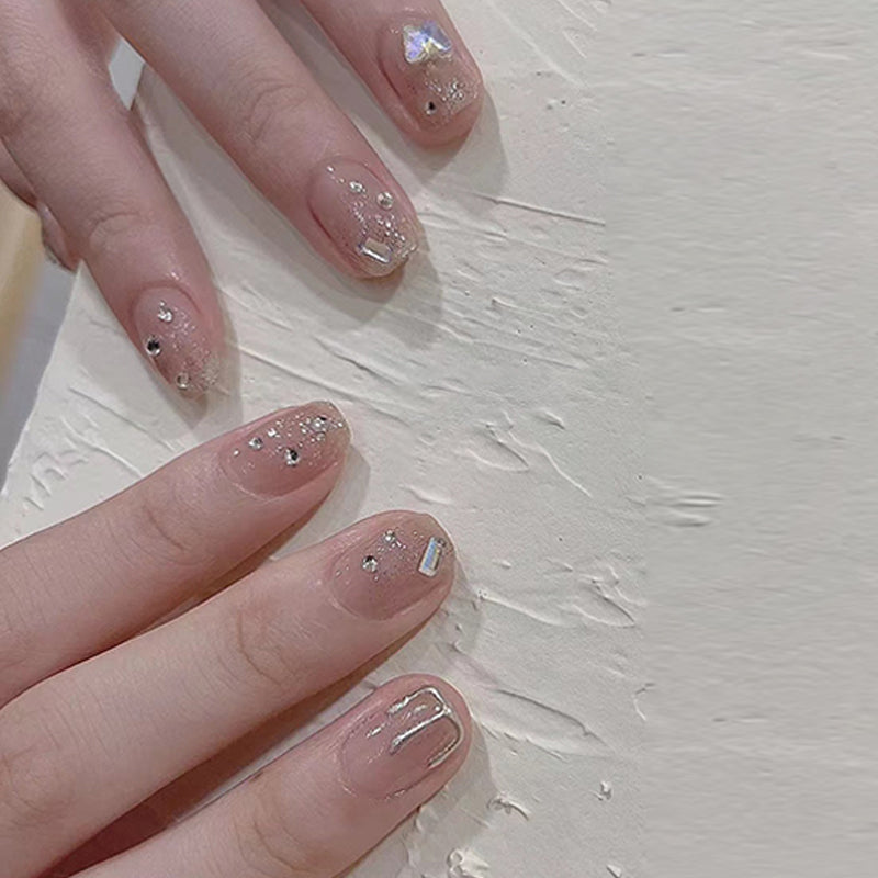 Starry Elegance Medium Length Square Beige Press On Nails with Glitter Accents