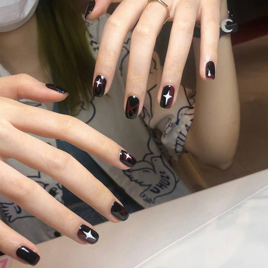 Starry Night Collection Medium Length Square Black Press On Nails with Glossy Star Accents