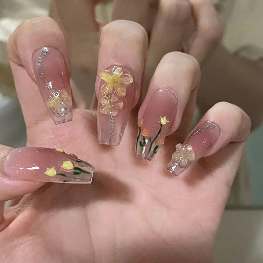 Spring Blossom Extra-Long Coffin Pink Press On Nails with Floral 3D Embellishments and Glitter Accents