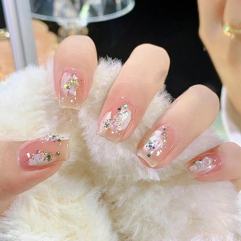 Winter Sparkle Medium Square Pink Glitter Accent Press On Nail Set