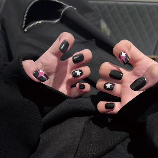 Starry Night Collection Medium Square Black Press On Nail Set with Star Accents and Pink Detailing