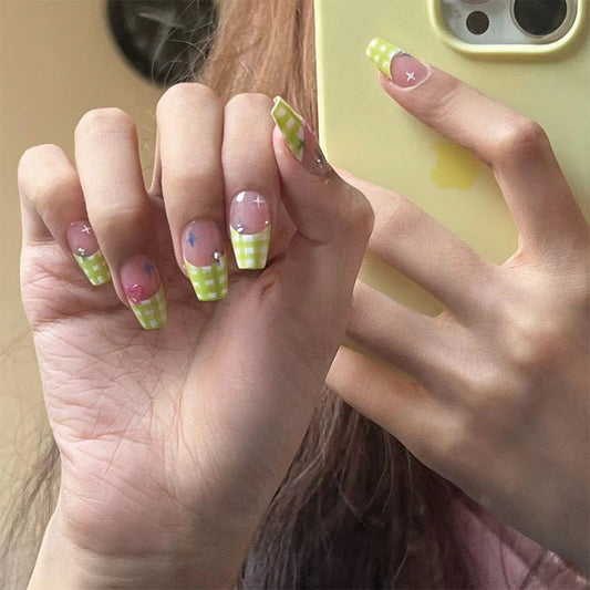 Springtime Picnic Long Coffin Green Plaid Press On Nail Set with Adorable Fruit Accents