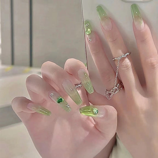 Enchanted Garden Long Coffin Ombre Green Press On Nail Set with Sparkling Rhinestone Accents