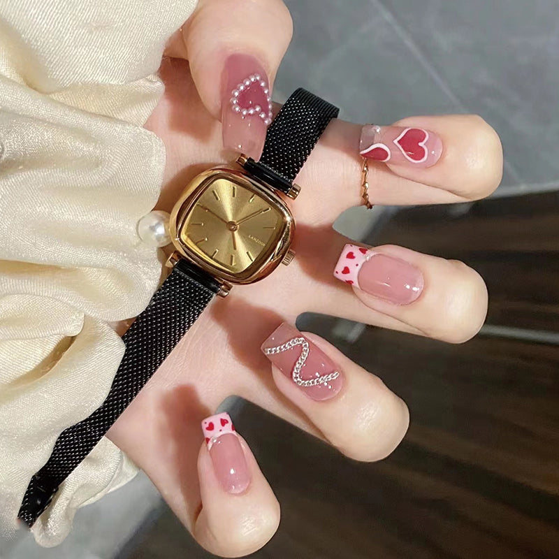 Valentine's Romance Long Square Pink Press On Nail Set with Heart Accents and Rhinestone Embellishments