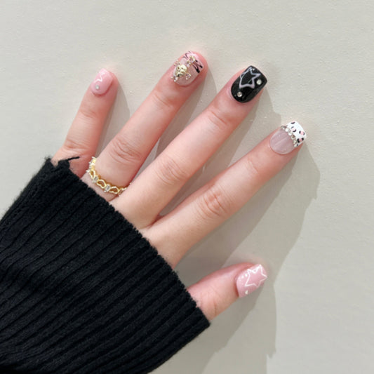 Starry Chic Medium-Length Square-Shaped Press On Nails in Pink and Black with Elegant Dalmatian Spots and Star Accents