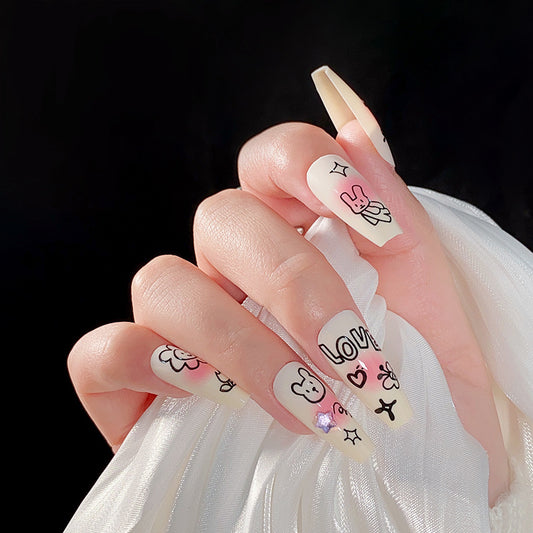 Charming Affection Long Coffin White Press On Nails with Love and Floral Artwork and Rhinestone Accents