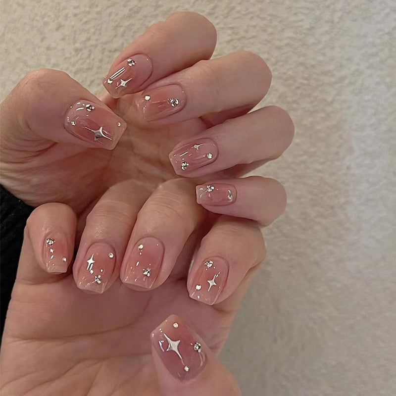 Starry Night Medium-Length Square Pink Press On Nail Set with Sparkling Accents