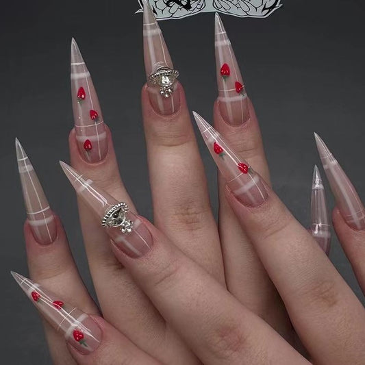 Love Struck Long Stiletto Press On Nail Set Clear Red Heart Accents and Unique Gem Detailing